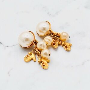 Vintage  Ferragamo Gold Tone and Faux Pearl Drop Earrings